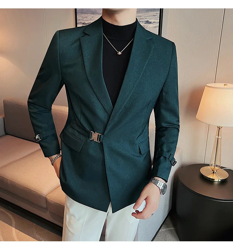 2024Men Party Wedding Banquet Blazer Solid Metal Buckle Decoration Blazer For Italian Designer Suit Jacket Slim Fit Blazer Homme