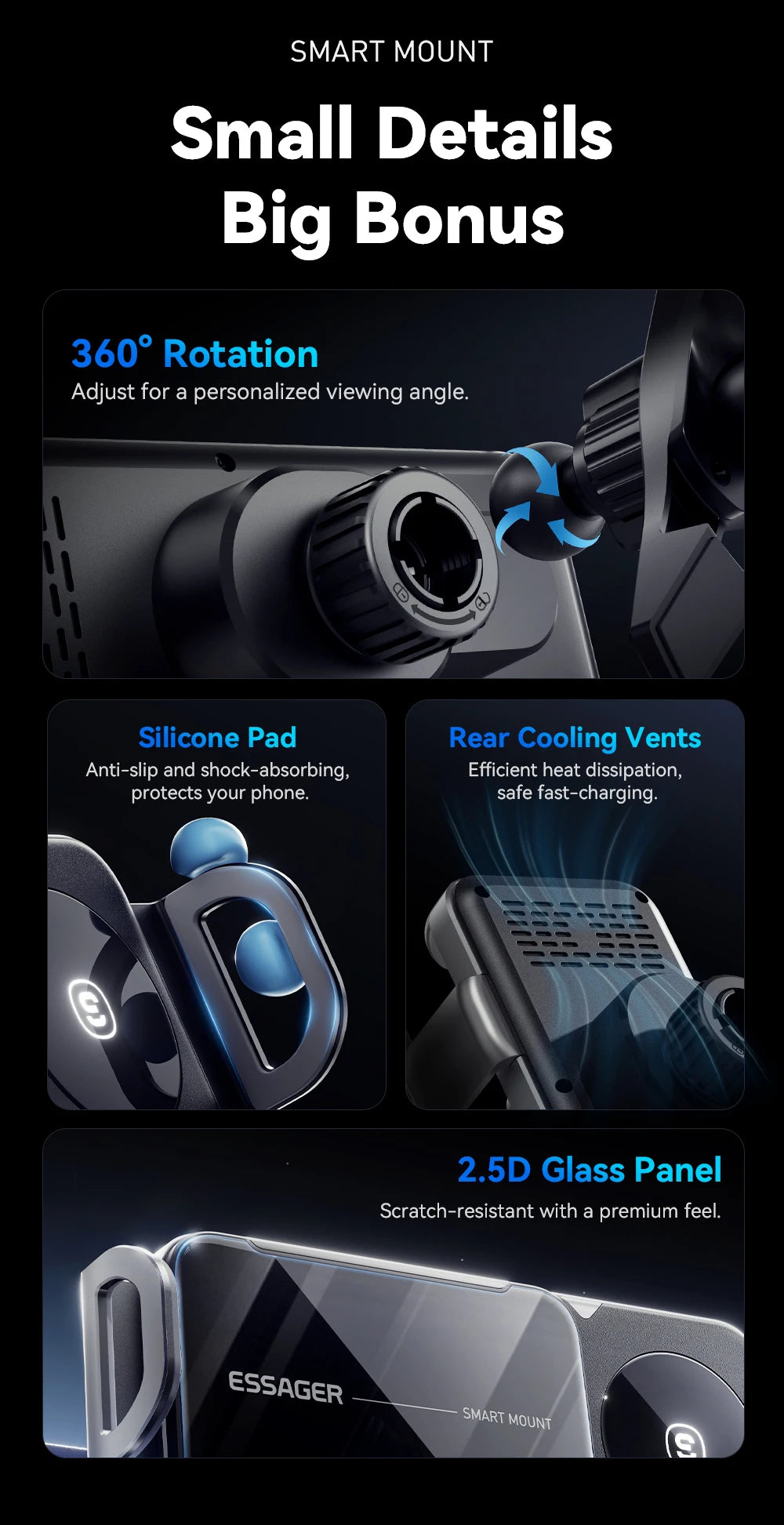 Essager 15W Car Wireless Charger Dual Coil One-Touch Rotatable Car Phone Holder For Samsung Galaxy Z Fold6 5 4 Flip 6 5 4 iPhone