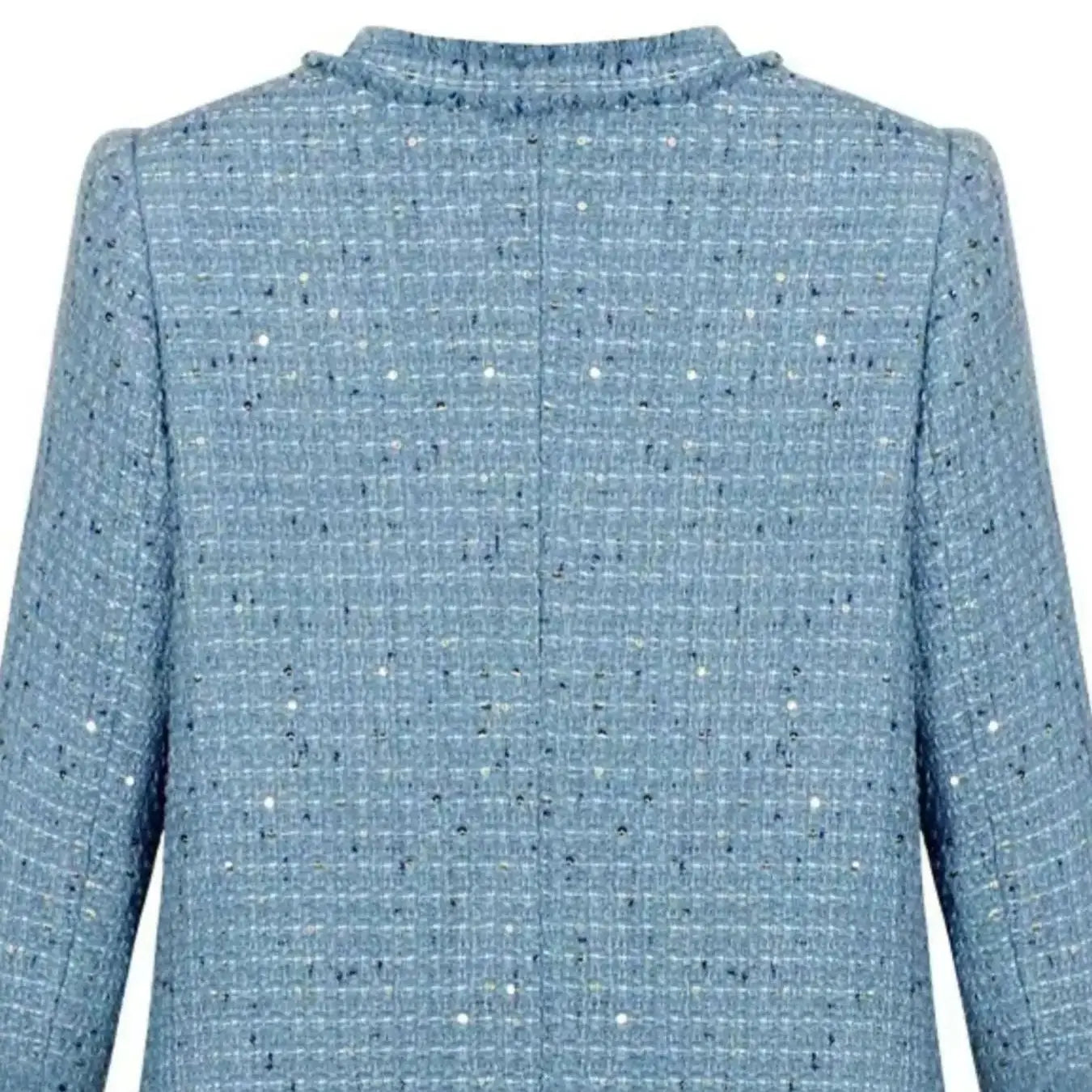 Short blazer with gold buttons, multiple pockets, and a refined design