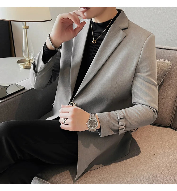 2024Men Party Wedding Banquet Blazer Solid Metal Buckle Decoration Blazer For Italian Designer Suit Jacket Slim Fit Blazer Homme