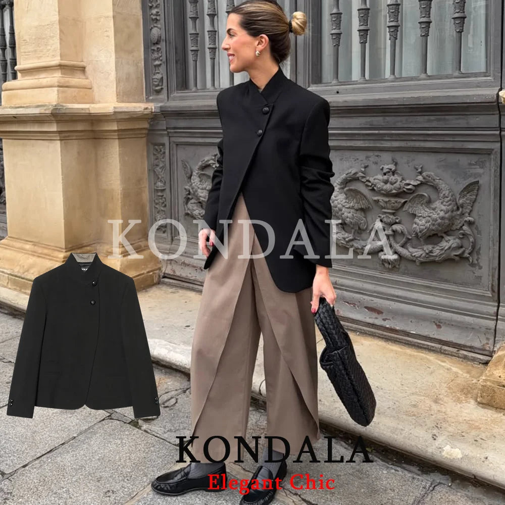 KONDALA Women Trendy Black Hacking Commute Blazer Turtleneck Blazer 2026 Spring Fall Office Lady Simple Party Holiday Blazer