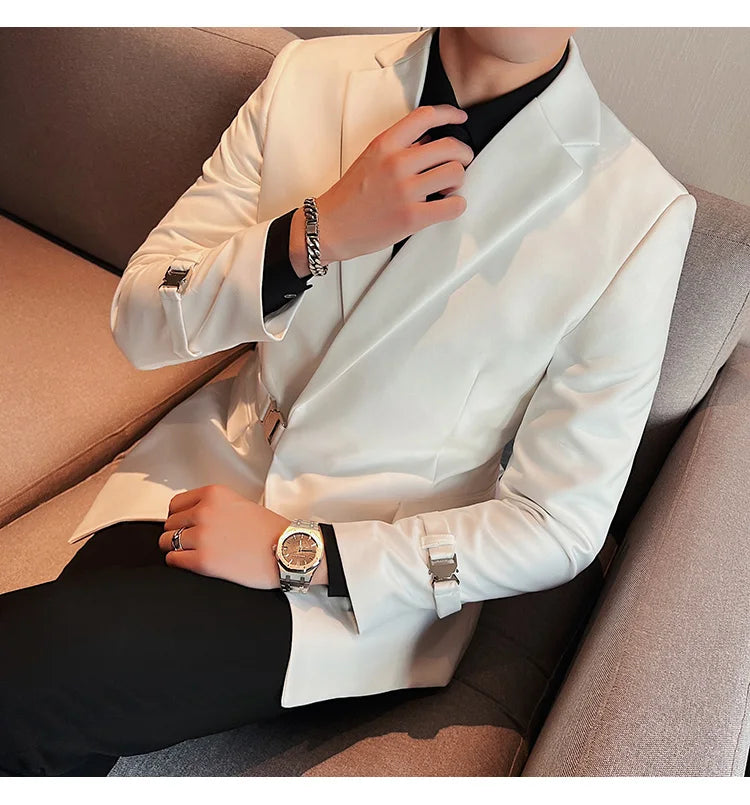 2024Men Party Wedding Banquet Blazer Solid Metal Buckle Decoration Blazer For Italian Designer Suit Jacket Slim Fit Blazer Homme