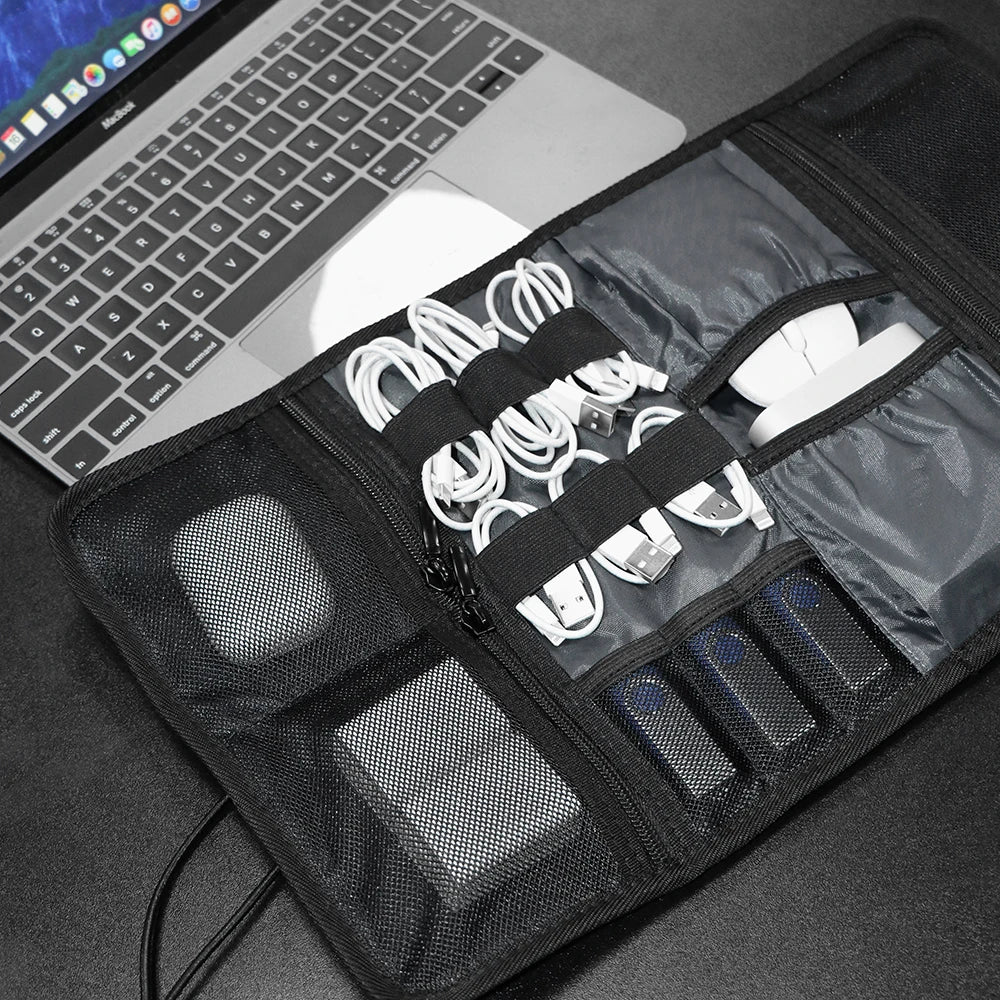 Travel Cable Storage Bag，Electronic Organizer Cord Pouch，Roll up Tech Carrying Case for USB Cables Charger Phone Accessories Bag