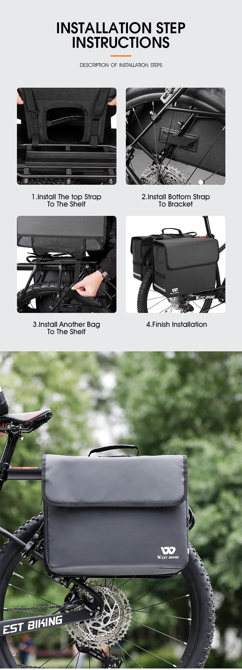 WEST BIKING Bicycle Bag 36L Multifunctional Saddle Bag Waterproof MTB Bike Rack Bag Travel 2 In 1 Big Capacity Bicycle Rear Bag