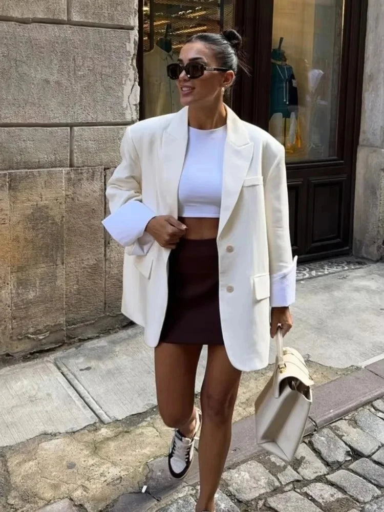 2025 Elegant Blazer Coat For Women Fashion Pockets Lapel Oversized Suit Jackets  New Autumn Office Lady Casual Loose Outerwear