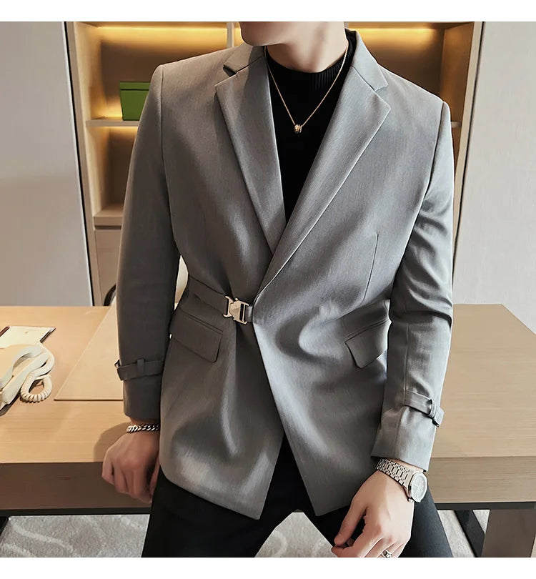 2024Men Party Wedding Banquet Blazer Solid Metal Buckle Decoration Blazer For Italian Designer Suit Jacket Slim Fit Blazer Homme