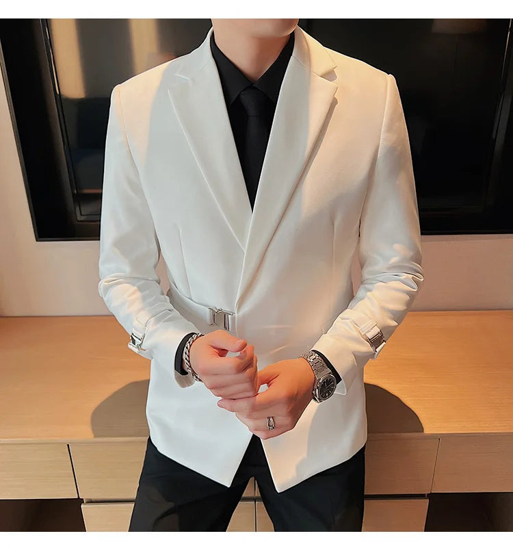 2024Men Party Wedding Banquet Blazer Solid Metal Buckle Decoration Blazer For Italian Designer Suit Jacket Slim Fit Blazer Homme