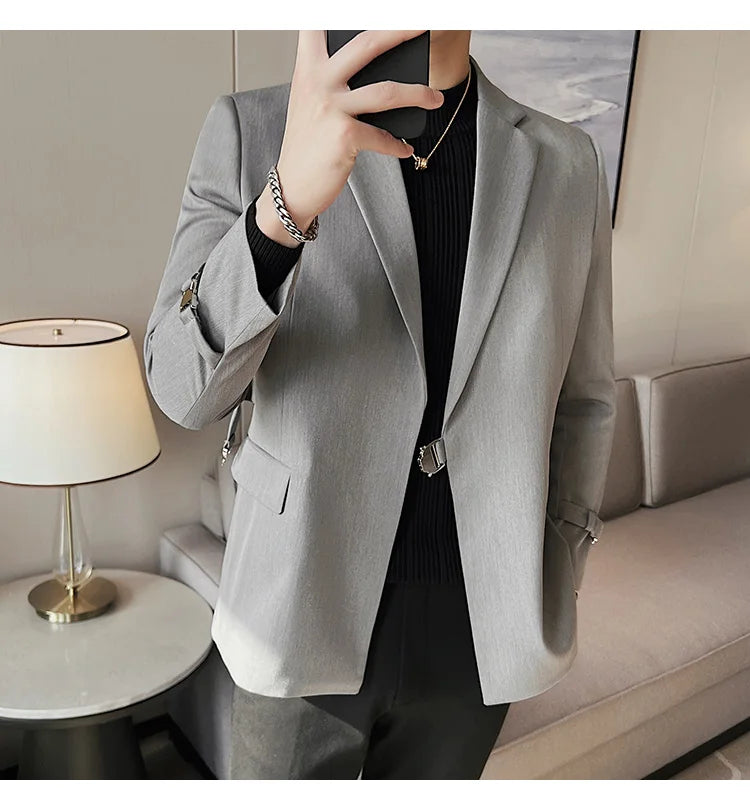2024Men Party Wedding Banquet Blazer Solid Metal Buckle Decoration Blazer For Italian Designer Suit Jacket Slim Fit Blazer Homme