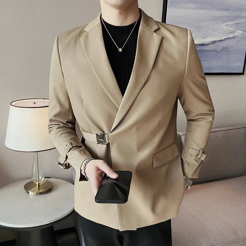 2024Men Party Wedding Banquet Blazer Solid Metal Buckle Decoration Blazer For Italian Designer Suit Jacket Slim Fit Blazer Homme