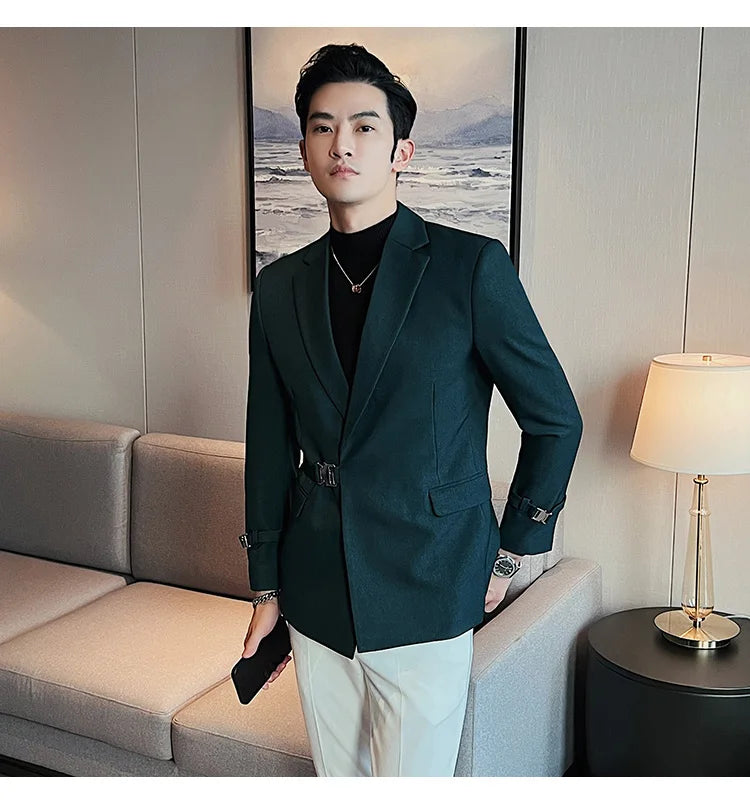 2024Men Party Wedding Banquet Blazer Solid Metal Buckle Decoration Blazer For Italian Designer Suit Jacket Slim Fit Blazer Homme
