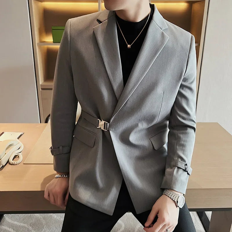 2024Men Party Wedding Banquet Blazer Solid Metal Buckle Decoration Blazer For Italian Designer Suit Jacket Slim Fit Blazer Homme