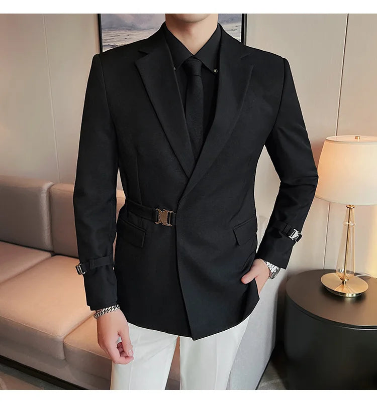 2024Men Party Wedding Banquet Blazer Solid Metal Buckle Decoration Blazer For Italian Designer Suit Jacket Slim Fit Blazer Homme