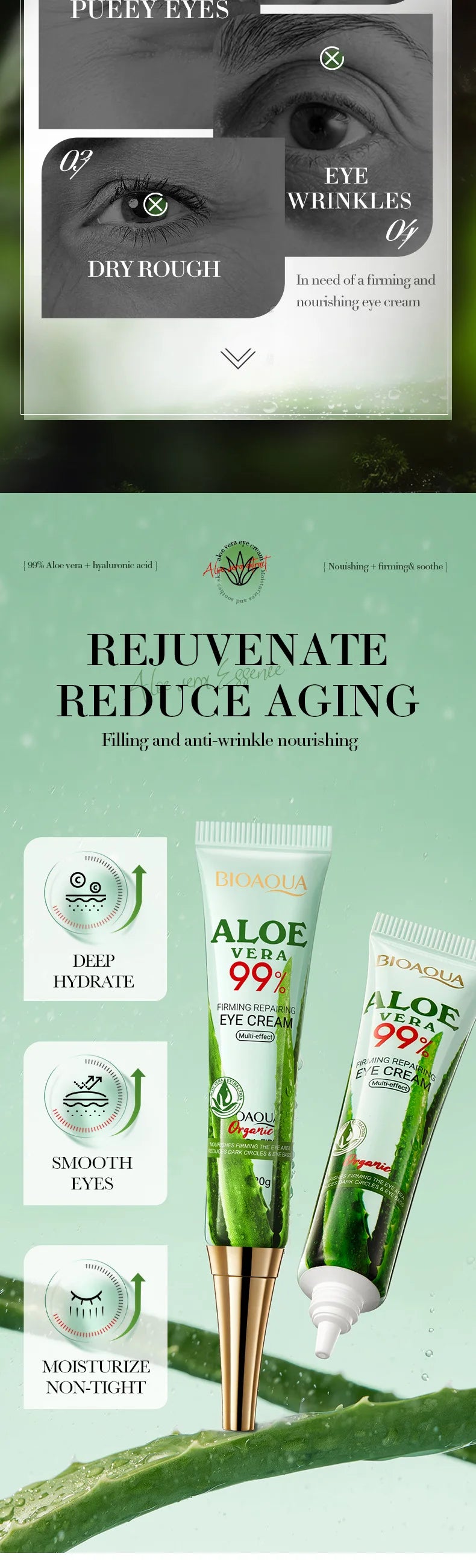 2pcs/kit BIOAQUA Aloe Vera Skin Care Sets Face Eye Cream Moisturizing Hydrating Firming Aloe Creams Face Skin Care Set