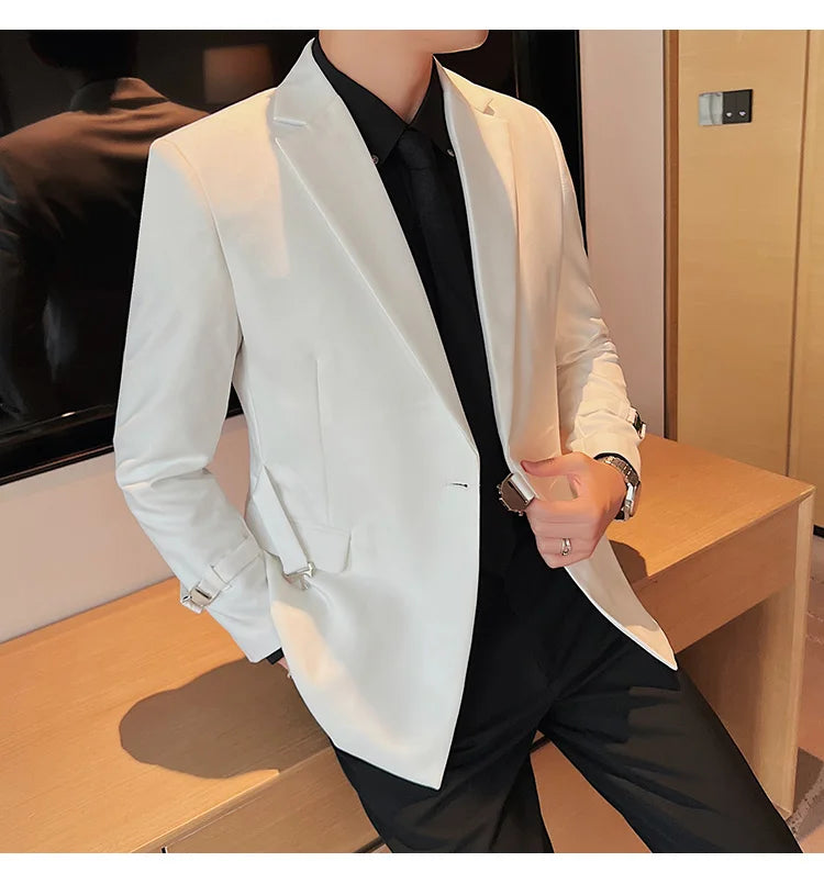 2024Men Party Wedding Banquet Blazer Solid Metal Buckle Decoration Blazer For Italian Designer Suit Jacket Slim Fit Blazer Homme