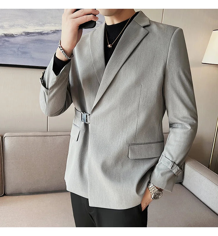 2024Men Party Wedding Banquet Blazer Solid Metal Buckle Decoration Blazer For Italian Designer Suit Jacket Slim Fit Blazer Homme