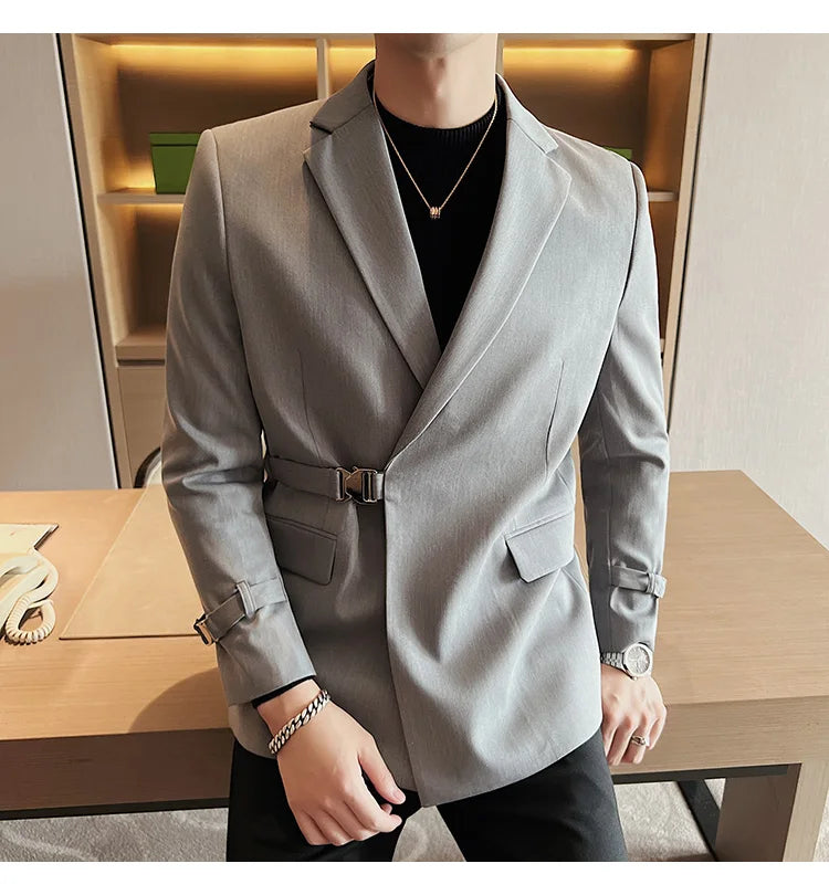 2024Men Party Wedding Banquet Blazer Solid Metal Buckle Decoration Blazer For Italian Designer Suit Jacket Slim Fit Blazer Homme