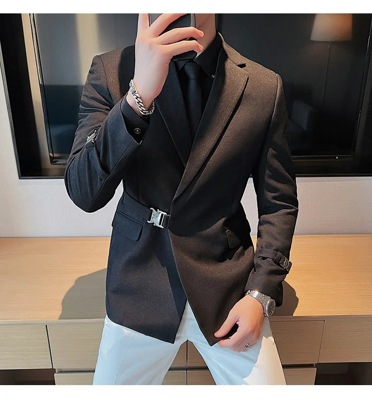 2024Men Party Wedding Banquet Blazer Solid Metal Buckle Decoration Blazer For Italian Designer Suit Jacket Slim Fit Blazer Homme