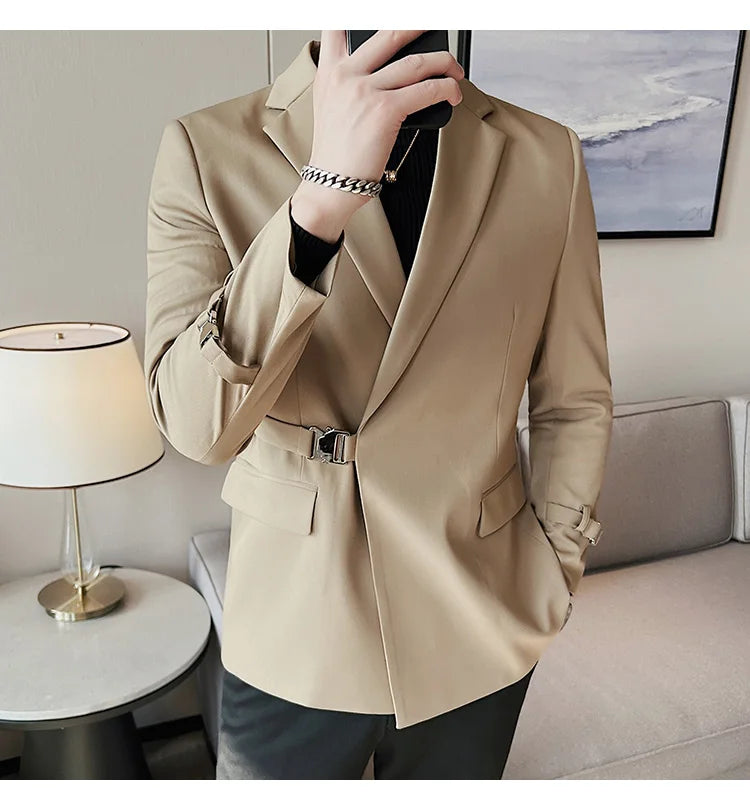 2024Men Party Wedding Banquet Blazer Solid Metal Buckle Decoration Blazer For Italian Designer Suit Jacket Slim Fit Blazer Homme