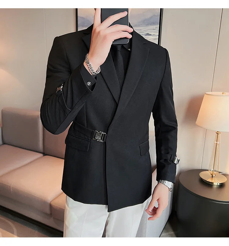 2024Men Party Wedding Banquet Blazer Solid Metal Buckle Decoration Blazer For Italian Designer Suit Jacket Slim Fit Blazer Homme