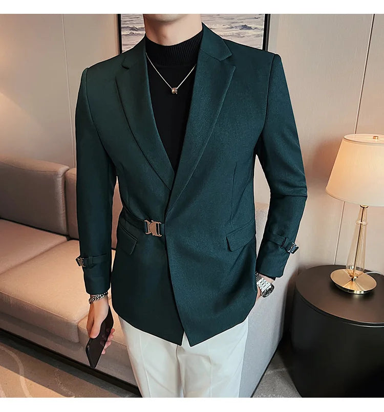 2024Men Party Wedding Banquet Blazer Solid Metal Buckle Decoration Blazer For Italian Designer Suit Jacket Slim Fit Blazer Homme