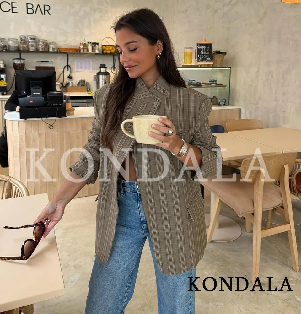 KONDALA Vintage Chic Plaid Blazer Women 2026 Spring Trends Hacking Blazer Elegant Commute High Street Lady Single Buckle Blazer