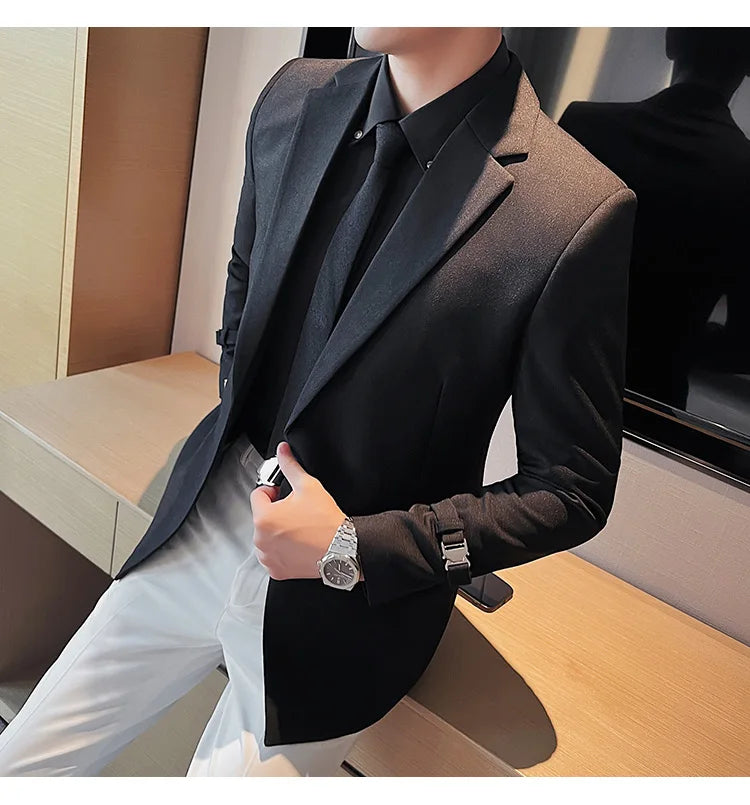 2024Men Party Wedding Banquet Blazer Solid Metal Buckle Decoration Blazer For Italian Designer Suit Jacket Slim Fit Blazer Homme