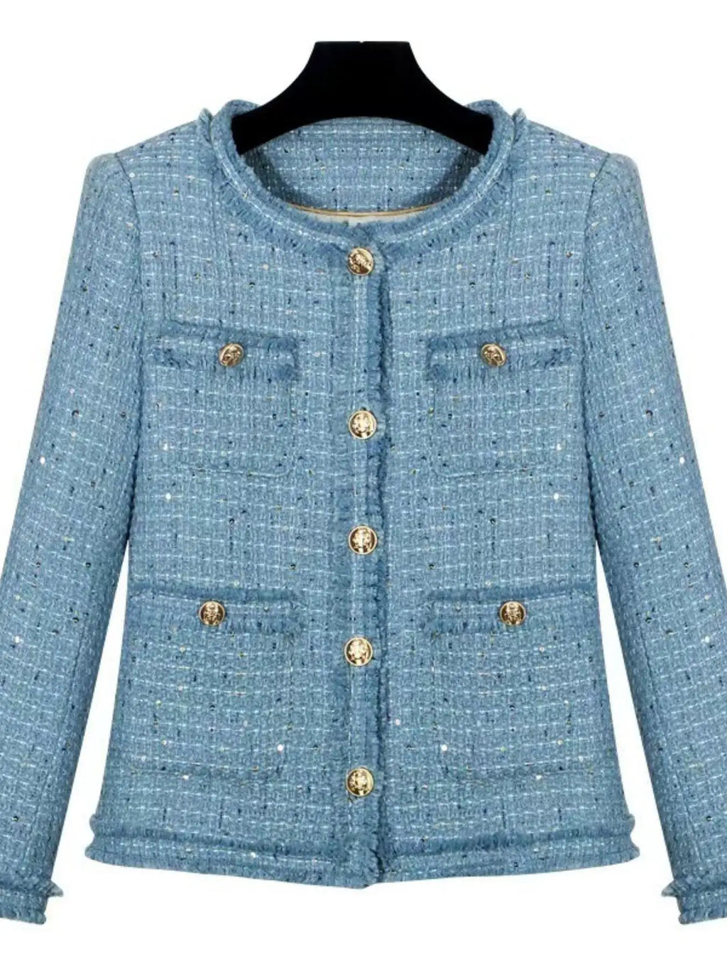 Short blazer with gold buttons, multiple pockets, and a refined design