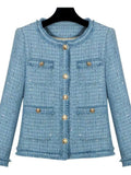 Short blazer with gold buttons, multiple pockets, and a refined design
