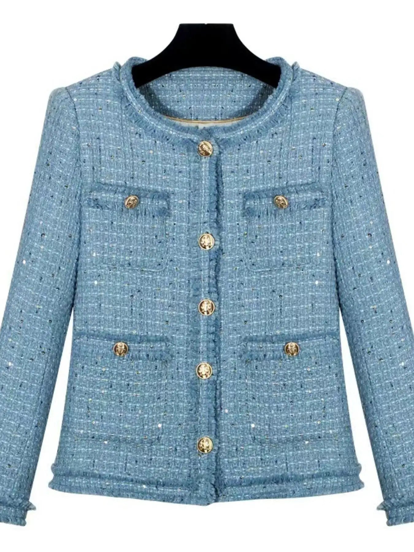 Short blazer with gold buttons, multiple pockets, and a refined design