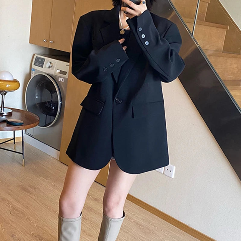 High-End Black Blazers for Women Spring Autumn Korean Chic Single Button Suit Jackets Woman Temperament Office Lady Blazer Coat
