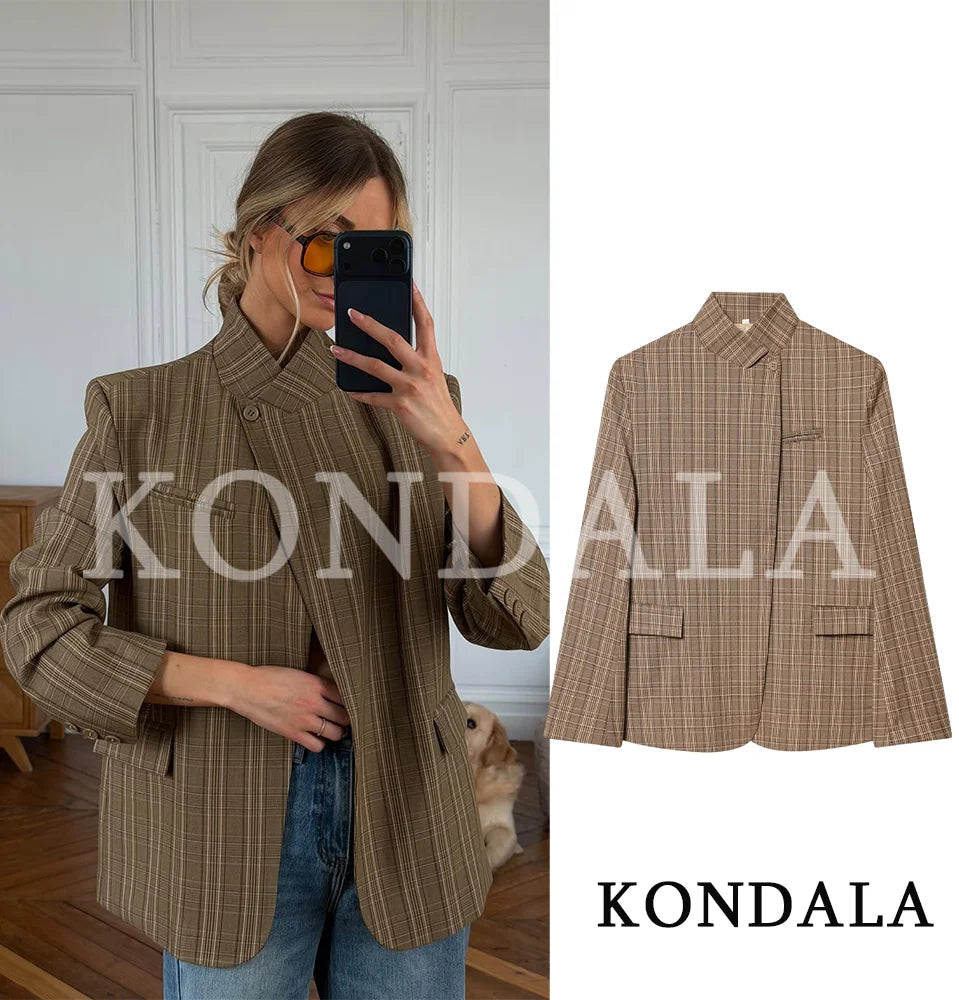 KONDALA Vintage Chic Plaid Blazer Women 2026 Spring Trends Hacking Blazer Elegant Commute High Street Lady Single Buckle Blazer