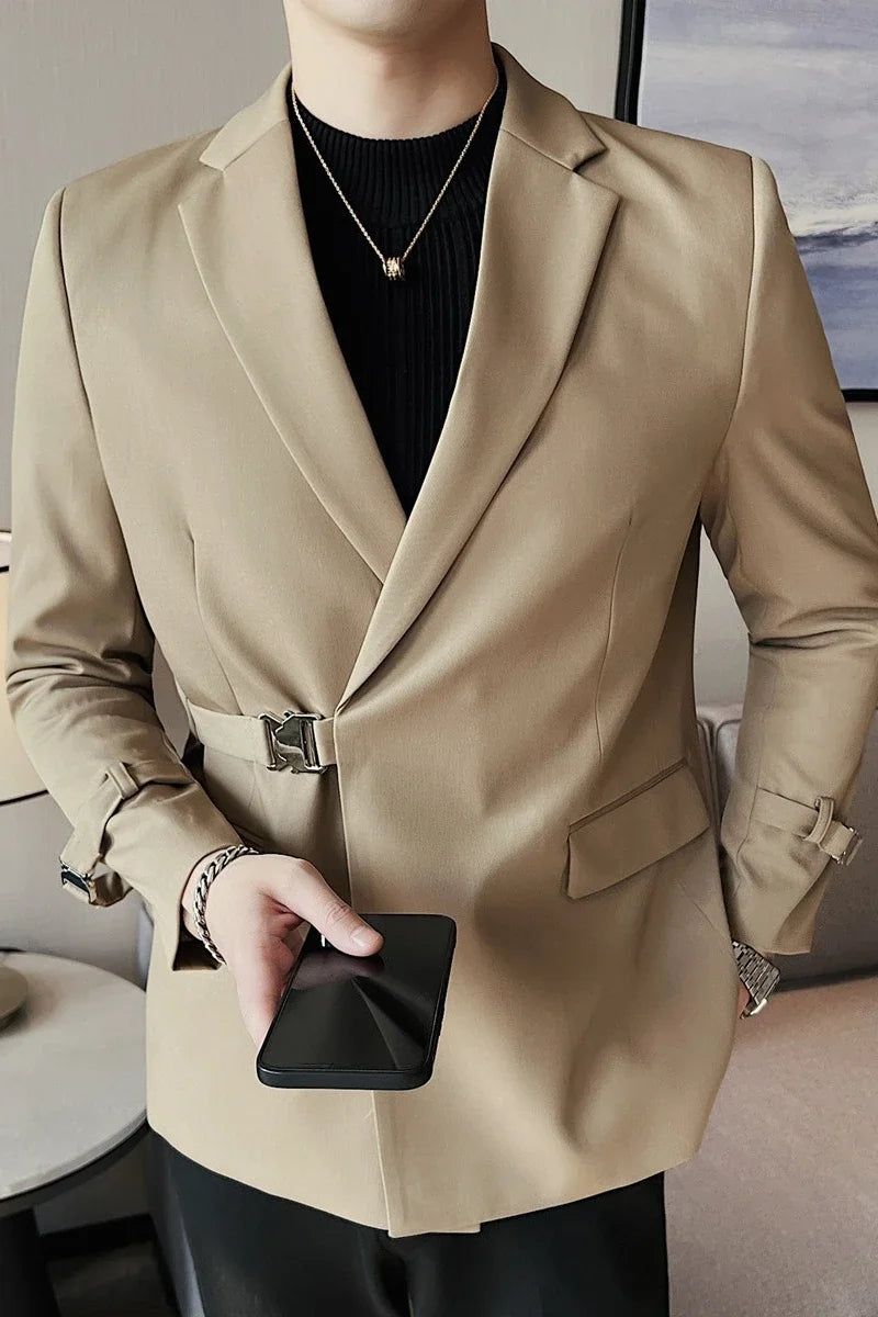 2024Men Party Wedding Banquet Blazer Solid Metal Buckle Decoration Blazer For Italian Designer Suit Jacket Slim Fit Blazer Homme