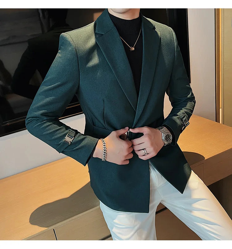 2024Men Party Wedding Banquet Blazer Solid Metal Buckle Decoration Blazer For Italian Designer Suit Jacket Slim Fit Blazer Homme