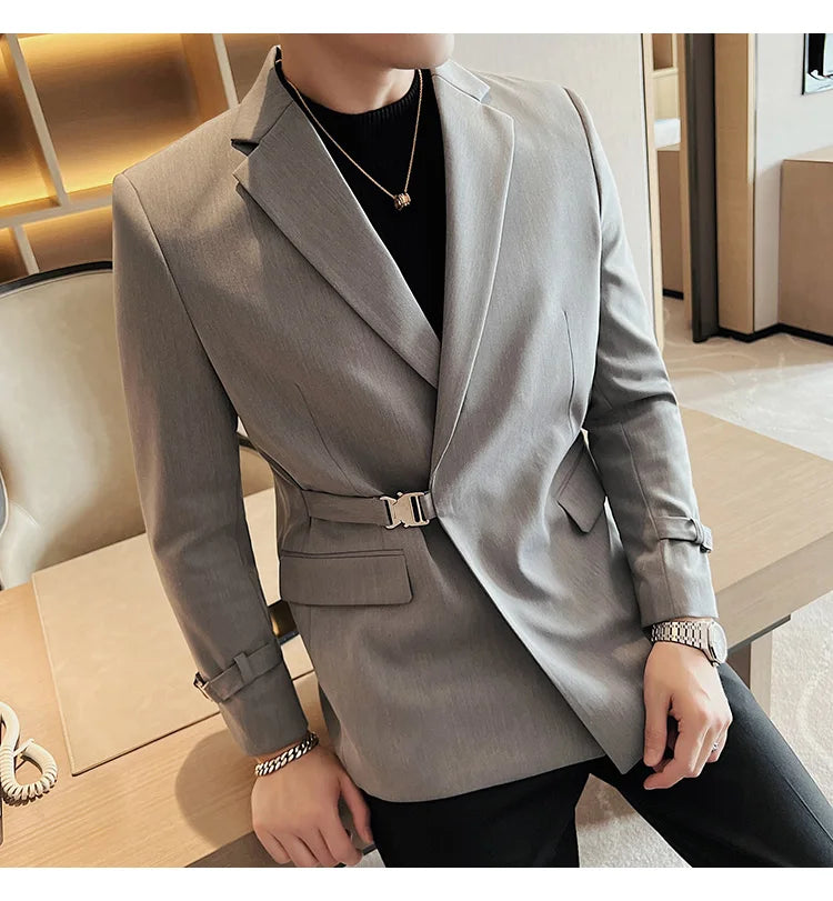 2024Men Party Wedding Banquet Blazer Solid Metal Buckle Decoration Blazer For Italian Designer Suit Jacket Slim Fit Blazer Homme