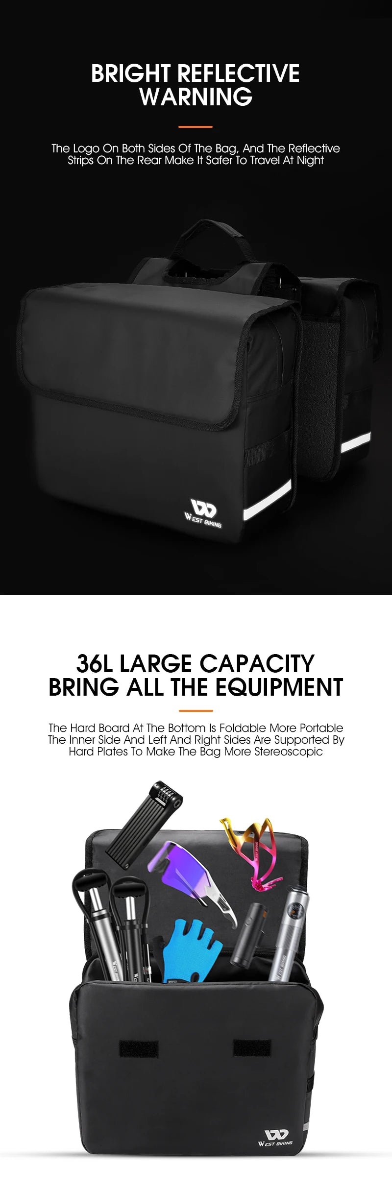 WEST BIKING Bicycle Bag 36L Multifunctional Saddle Bag Waterproof MTB Bike Rack Bag Travel 2 In 1 Big Capacity Bicycle Rear Bag