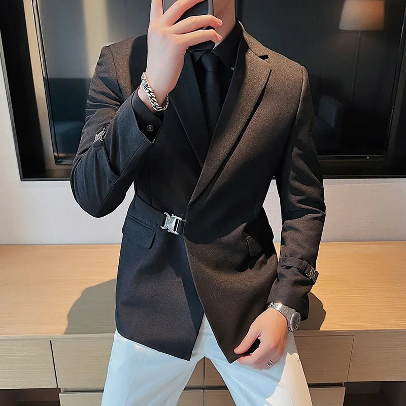 2024Men Party Wedding Banquet Blazer Solid Metal Buckle Decoration Blazer For Italian Designer Suit Jacket Slim Fit Blazer Homme