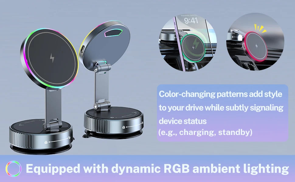 Cooling Wireless Charger Car Phone Holder with Breathing RGB Light Magnetic Suction Cellphone Bracket  for iPhone 12/13/14/15/16