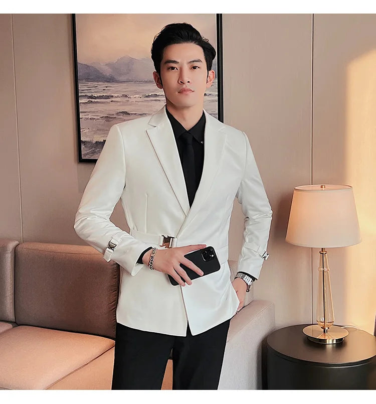 2024Men Party Wedding Banquet Blazer Solid Metal Buckle Decoration Blazer For Italian Designer Suit Jacket Slim Fit Blazer Homme