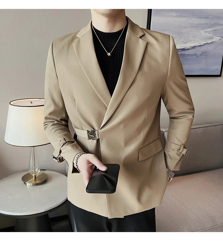 2024Men Party Wedding Banquet Blazer Solid Metal Buckle Decoration Blazer For Italian Designer Suit Jacket Slim Fit Blazer Homme