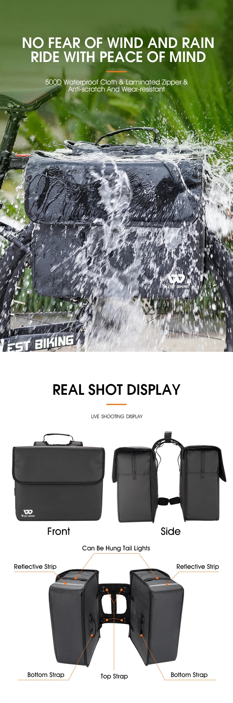 WEST BIKING Bicycle Bag 36L Multifunctional Saddle Bag Waterproof MTB Bike Rack Bag Travel 2 In 1 Big Capacity Bicycle Rear Bag