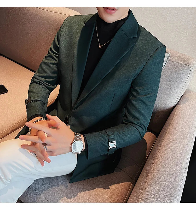 2024Men Party Wedding Banquet Blazer Solid Metal Buckle Decoration Blazer For Italian Designer Suit Jacket Slim Fit Blazer Homme