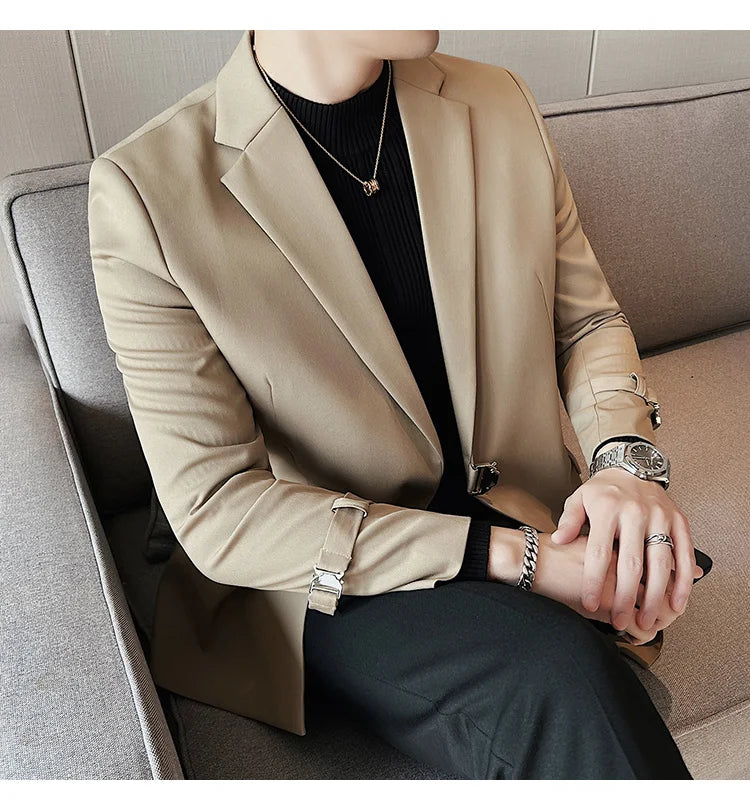 2024Men Party Wedding Banquet Blazer Solid Metal Buckle Decoration Blazer For Italian Designer Suit Jacket Slim Fit Blazer Homme