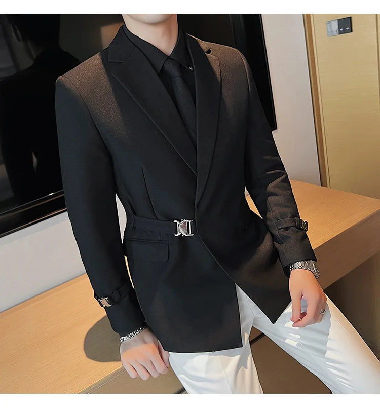 2024Men Party Wedding Banquet Blazer Solid Metal Buckle Decoration Blazer For Italian Designer Suit Jacket Slim Fit Blazer Homme