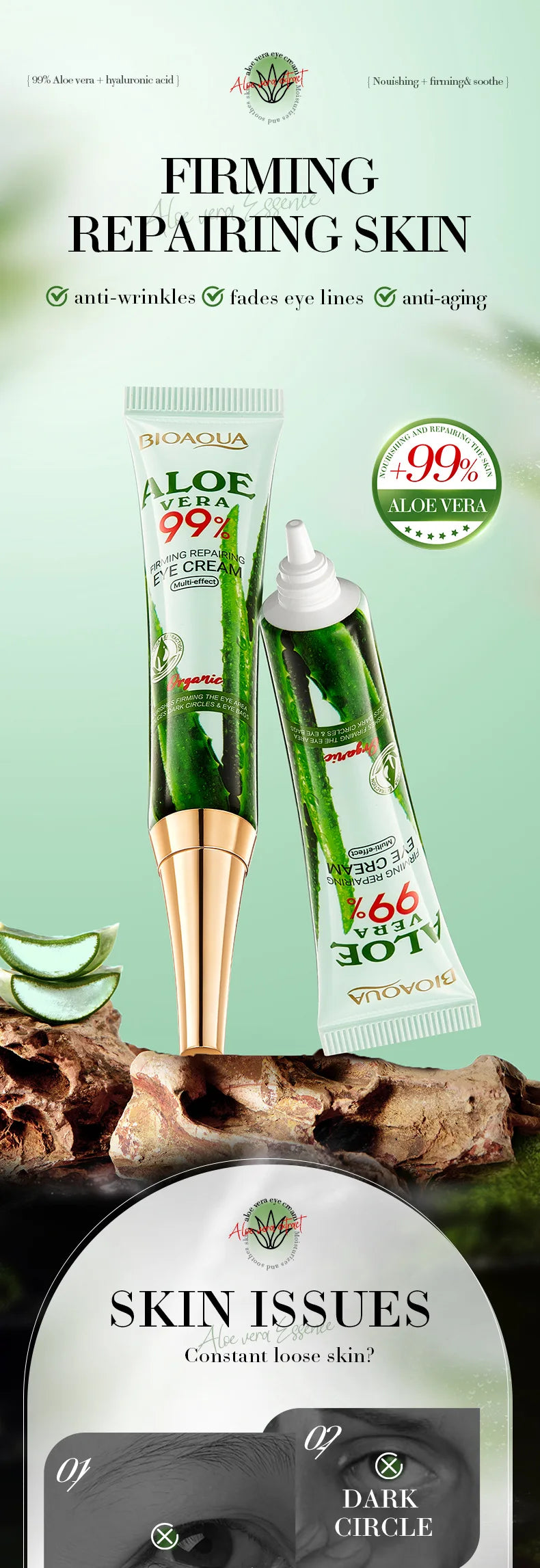 2pcs/kit BIOAQUA Aloe Vera Skin Care Sets Face Eye Cream Moisturizing Hydrating Firming Aloe Creams Face Skin Care Set