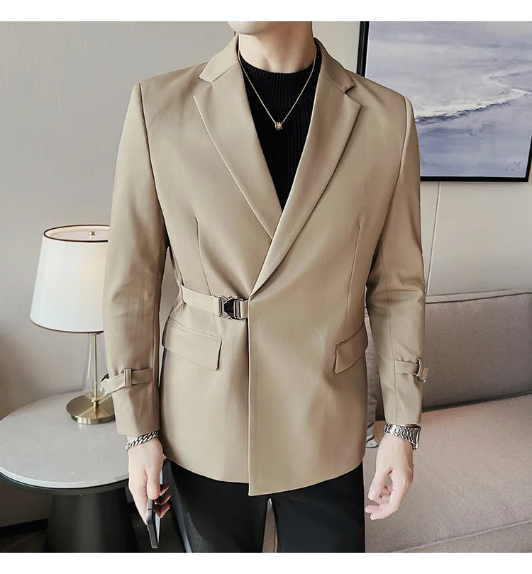 2024Men Party Wedding Banquet Blazer Solid Metal Buckle Decoration Blazer For Italian Designer Suit Jacket Slim Fit Blazer Homme