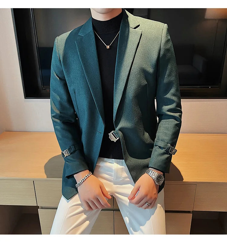 2024Men Party Wedding Banquet Blazer Solid Metal Buckle Decoration Blazer For Italian Designer Suit Jacket Slim Fit Blazer Homme