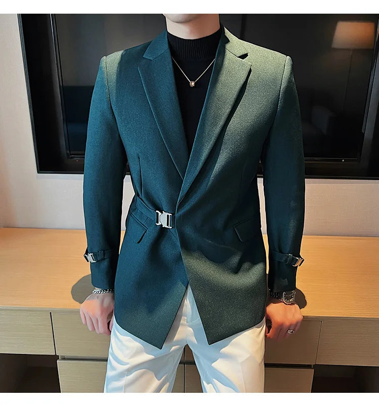2024Men Party Wedding Banquet Blazer Solid Metal Buckle Decoration Blazer For Italian Designer Suit Jacket Slim Fit Blazer Homme