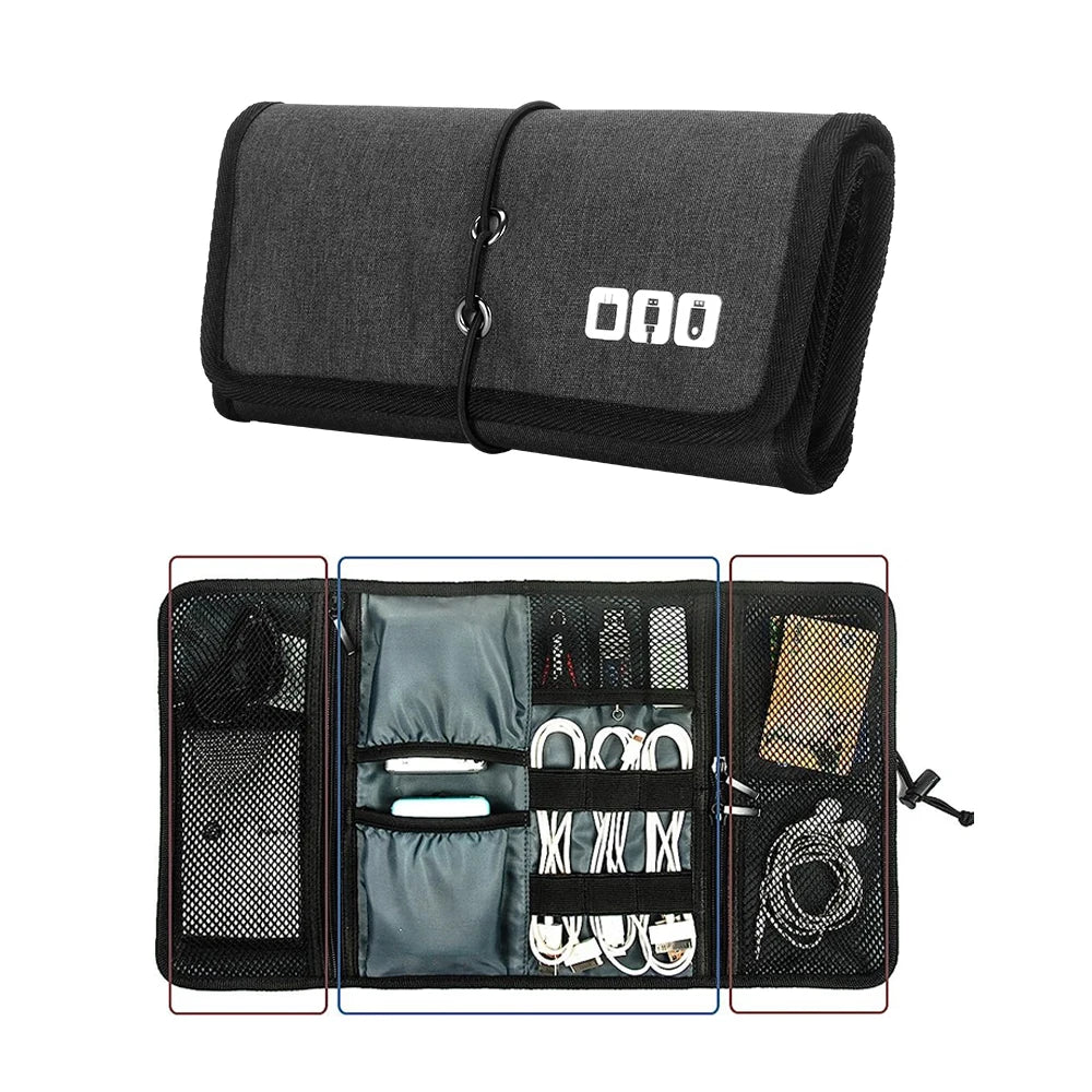 Travel Cable Storage Bag，Electronic Organizer Cord Pouch，Roll up Tech Carrying Case for USB Cables Charger Phone Accessories Bag