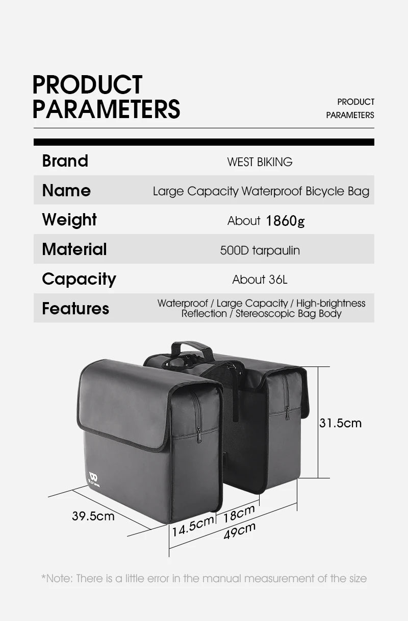 WEST BIKING Bicycle Bag 36L Multifunctional Saddle Bag Waterproof MTB Bike Rack Bag Travel 2 In 1 Big Capacity Bicycle Rear Bag
