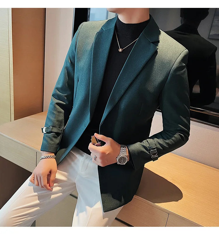 2024Men Party Wedding Banquet Blazer Solid Metal Buckle Decoration Blazer For Italian Designer Suit Jacket Slim Fit Blazer Homme